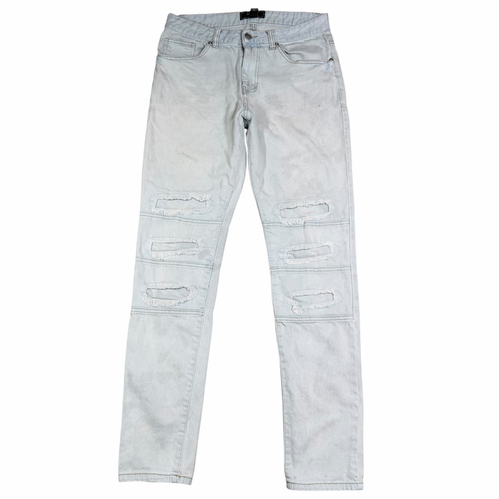 Forever 21 Men Light Wash Distressed Patchwork Moto Skinny Fit Jeans - Size 32